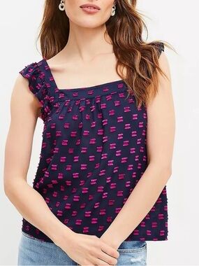LOFT Navy Square-Neck Ruffle Strap Camisole with Pink Print woman’s size XS